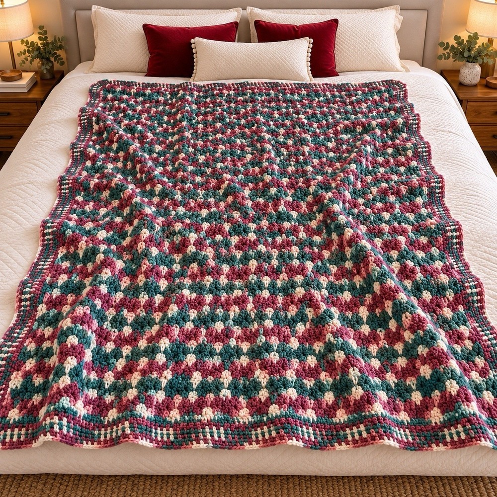 Vintage Handmade Crochet Afghan Dusty Rose Pink Green Cream Heavy Blanket 51x81